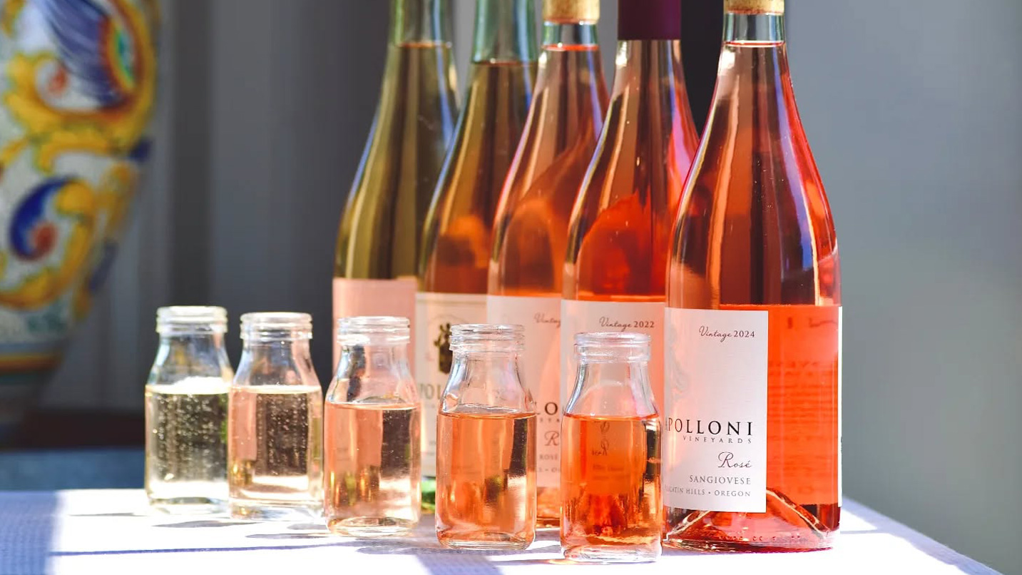 Bottles of bubbly Rose wine and a tasting tray.