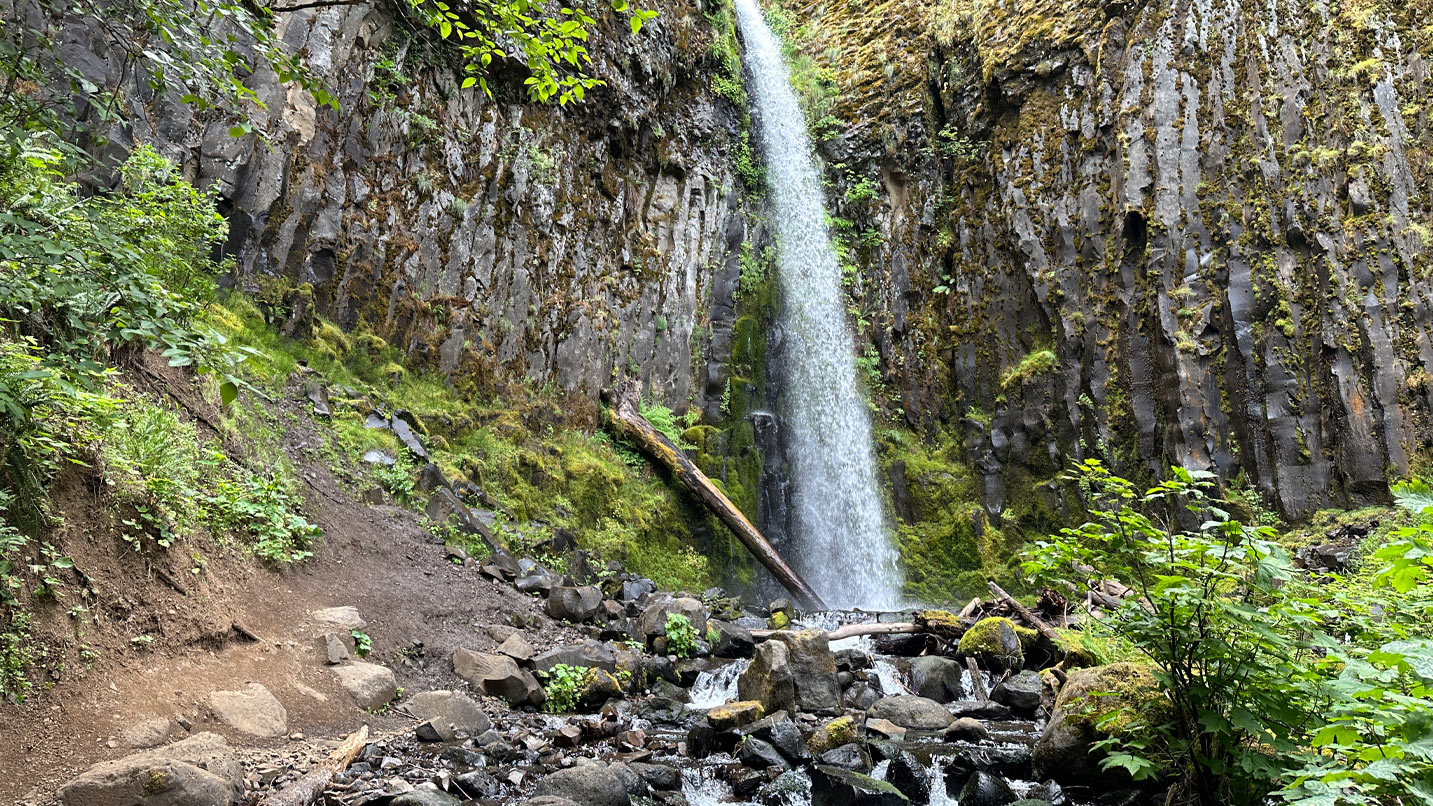 A tall, 74-foot waterfall, plunges over a basalt wall into a small pond.