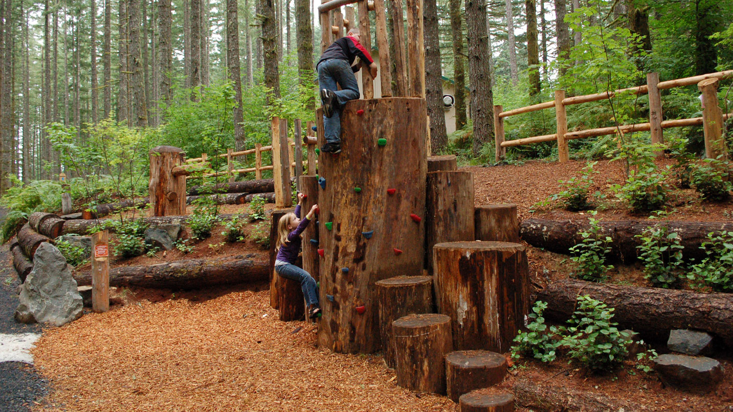 Two children climb on a large log structure that has colorful hand holds.