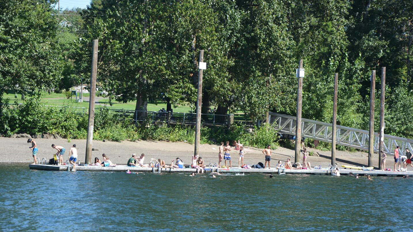Several people in swimwear on a dock near the shore of the Willamette River.