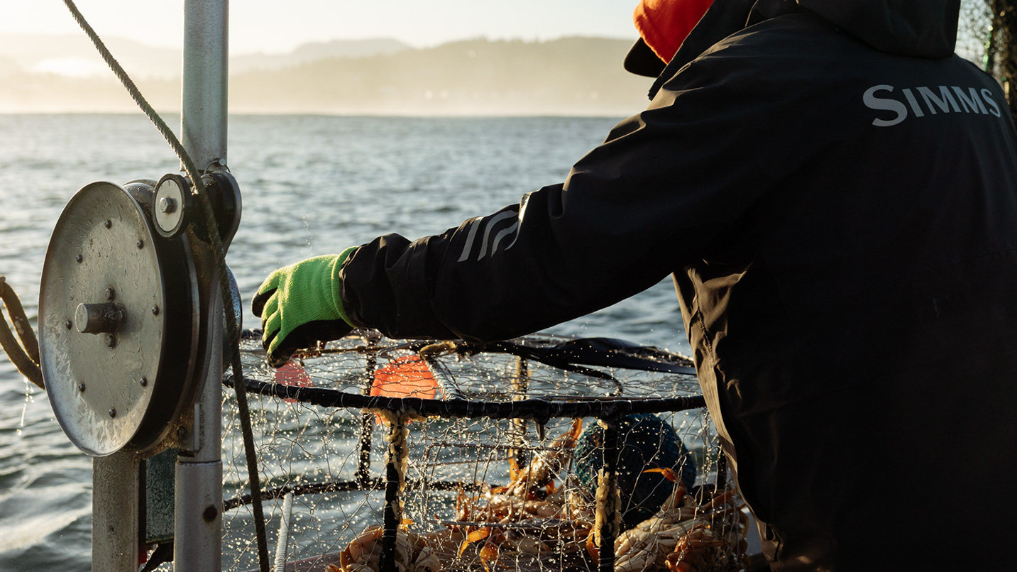 A person on a boat pulling in a crab pot full of crabs.