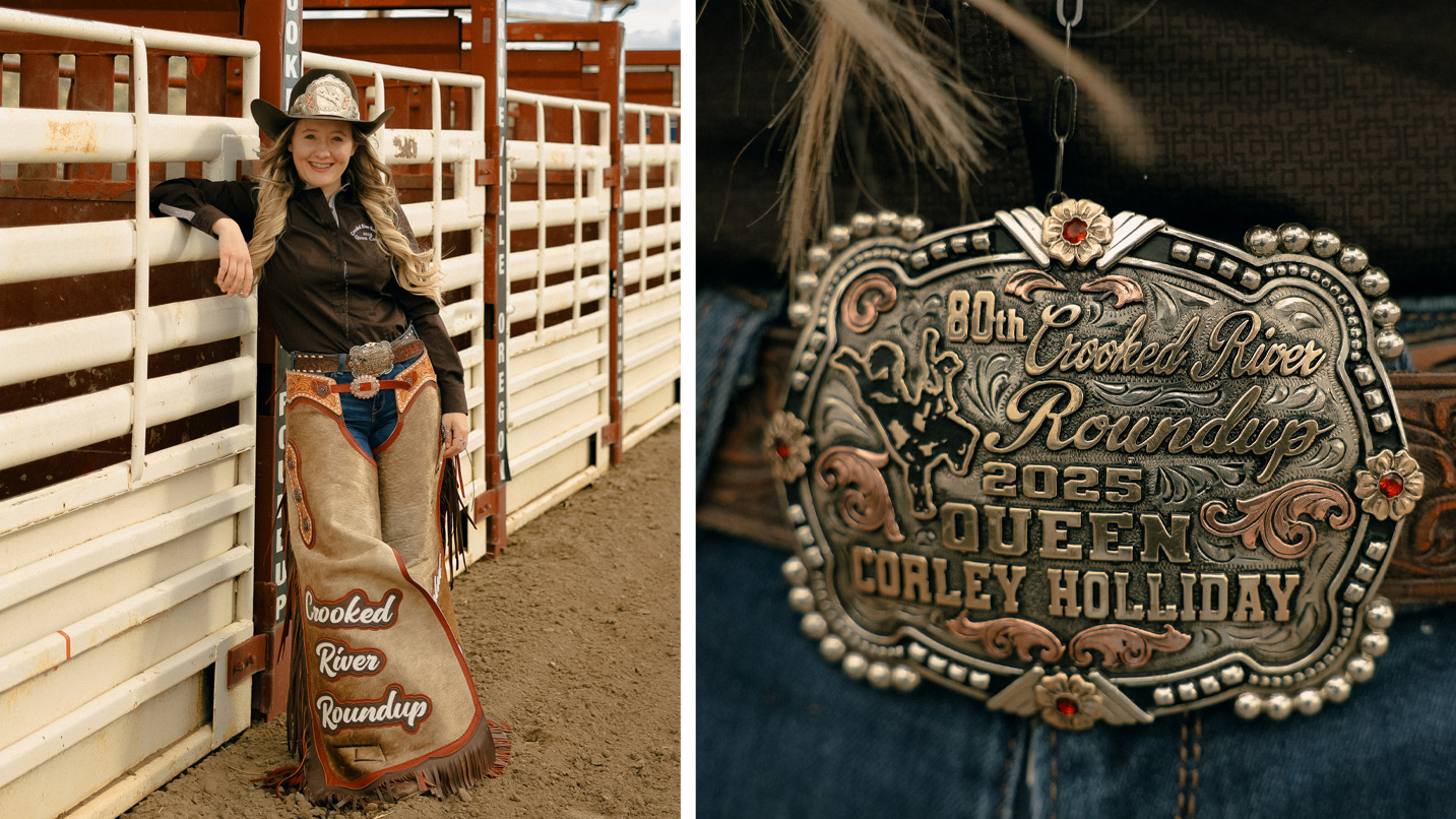The photo on the left shows a woman in a cowboy hat and specially designed chaps and the photo on the right is a close-up of her custom belt buckle with the inscription "80th Crooked River Round Up Rodeo Queen Corley Holliday"