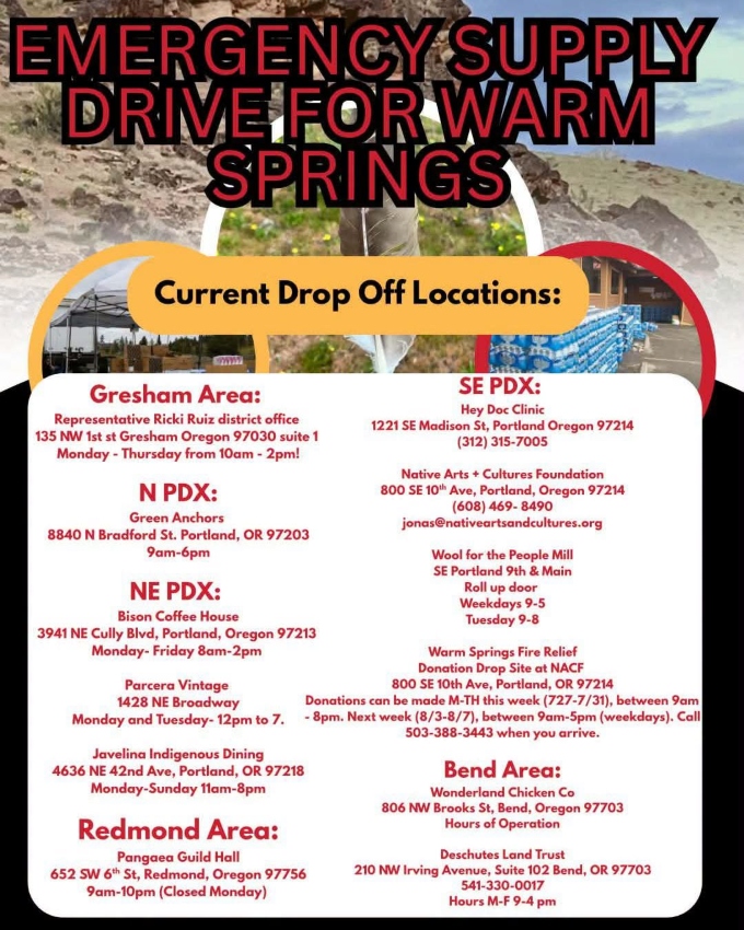 Flier titled "Emergency supply drive for Warm Springs," listing several drop-off locations