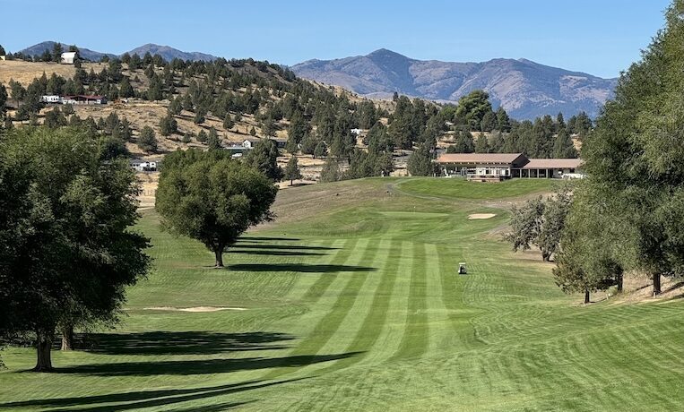 Tree-lined, freshly mowed greens are contrasted against a mountain backdrop in the distance on a sunny summer day.