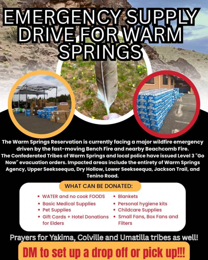 Flier that reads "Emergency supply drive for Warm Springs," with text listing types of supplies and drop-off locations