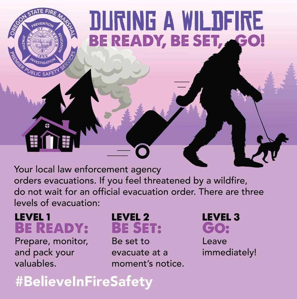 Purple graphic of how to evacuate during a wildfire with silhouette of Sasquatch