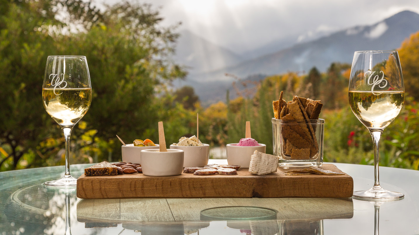 A tray of cheese and crackers and glasses of wine on a table with vineyard views in the background.