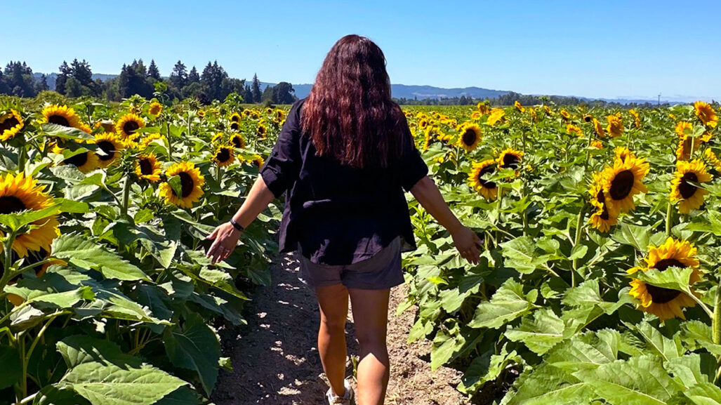 A woman walks through a sunflower field.