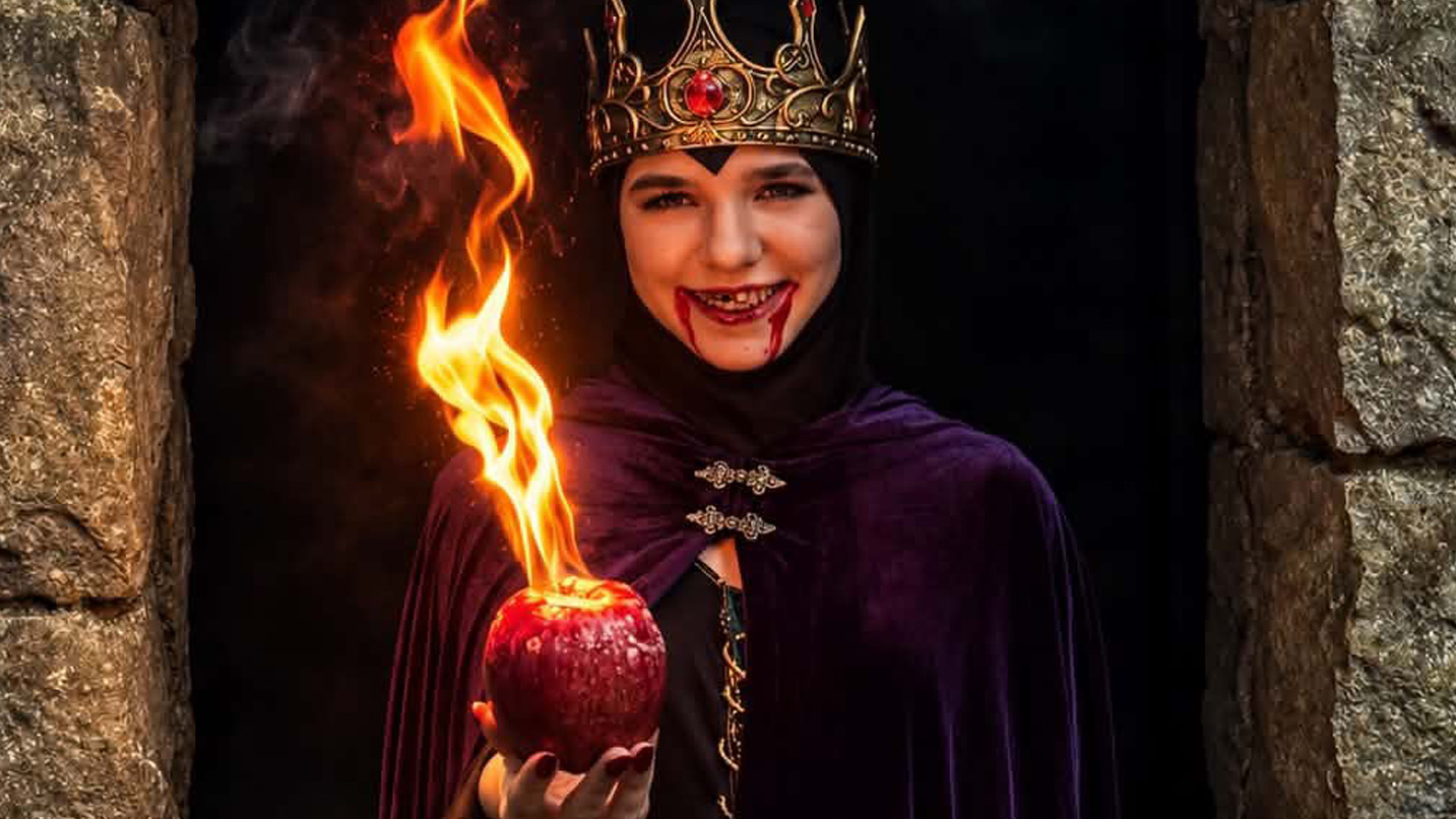 A young woman smiles while in costume as the evil stepmother from Snow white. She wears a purple cloak, gold, jeweled crown while holding a red apple that is on fire.