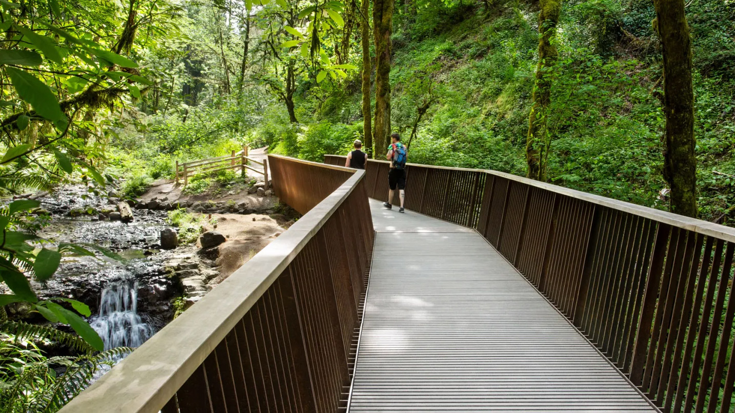Two people in summer clothing walk along a paved bridge on a trail alongside a creek in Forest Park.